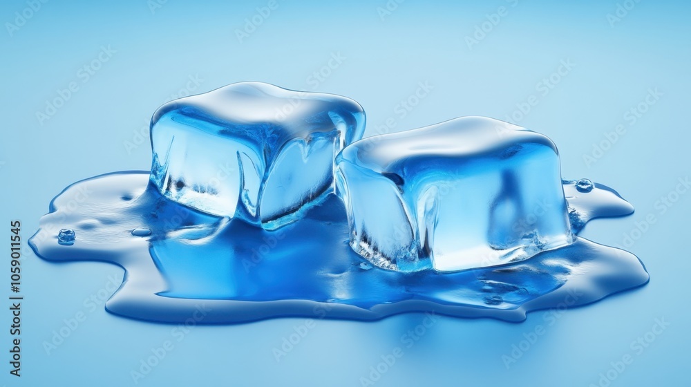 Fresh Ice Cubes on Blue Surface with Melting Water Fresh Ice Cubes on Blue Surface with Melting Water