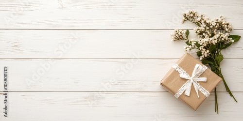 Gift box wrapped with ribbon and flowers on a wooden background, perfect for celebrations and special occasions.