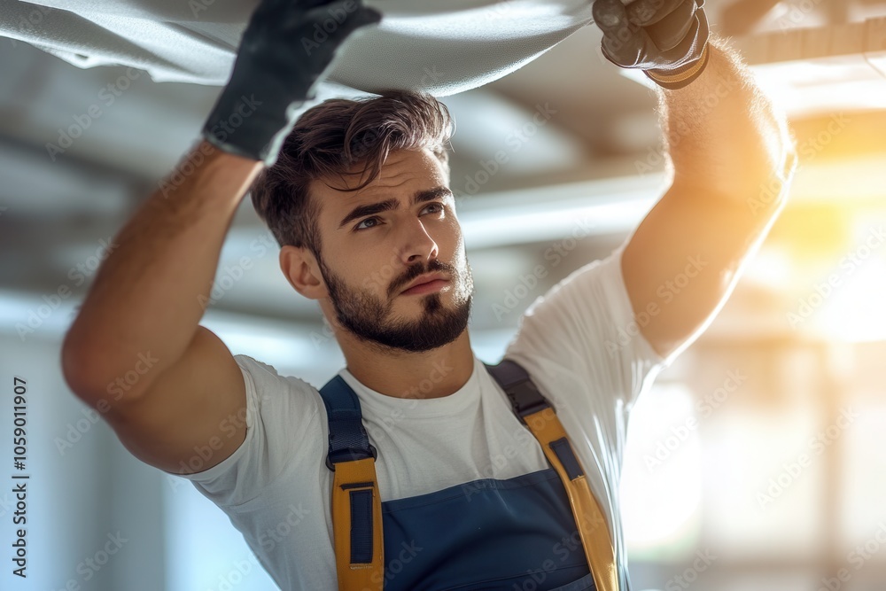 A skilled ceiling installer focuses intently as he adjusts fabric overhead. Dressed in overalls and gloves, he works in a contemporary space illuminated by natural light, accentuating his concentratio