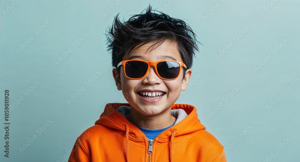 Asian Boy with Textured Hair Smiling Widely in Orange Hoodie and Sunglasses on Pale Blue Background
