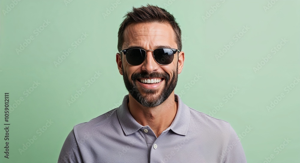 Bearded Man with Short Hair Smiling in Polo Shirt and Sunglasses on Light Green Background Bearded Man with Short Hair Smiling in Polo Shirt and Sunglasses on Light Green Background