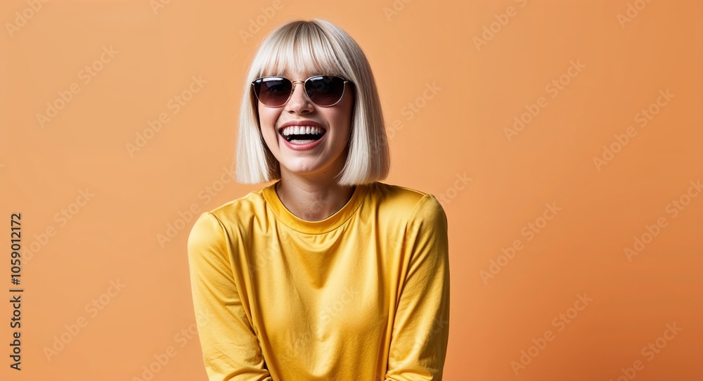 Blonde Girl with Bob Cut Giggling in Yellow Top and Sunglasses on Light Orange Background Blonde Girl with Bob Cut Giggling in Yellow Top and Sunglasses on Light Orange Background