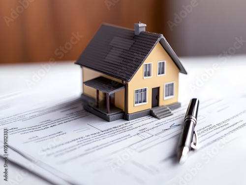 Small House Model Surrounded by Real Estate Contract Documents and Pen