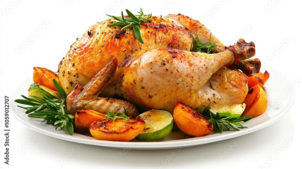 roasted chicken beautifully garnished on an elegant plate, presented on a white background, highlighting its golden texture and inviting flavor roasted chicken beautifully garnished on an elegant plate, presented on a white background, highlighting its golden texture and inviting flavor