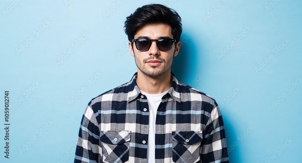 Dark Haired Young Man in Plaid Shirt and Sunglasses on Light Blue Background Dark Haired Young Man in Plaid Shirt and Sunglasses on Light Blue Background