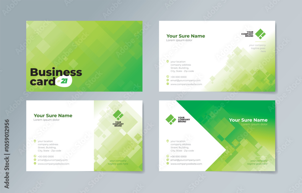 Fototapeta premium Set of business card templates with abstract random transparent white rectangle on white and green background