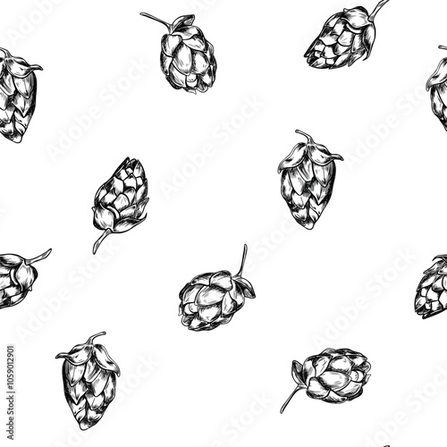 Hops cones black white graphic vector seamless pattern isolated. Hops cone plant monochrome background hand drawn by ink. Botanical humulus cones repeated texture for design craft beer, brewing .