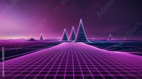 high-contrast professional photograph of a Retro Sci-Fi Grid Landscape, featuring a vibrant, electric neon pink grid that stretches into the distant horizon, intersecting with glowing, wireframe mount