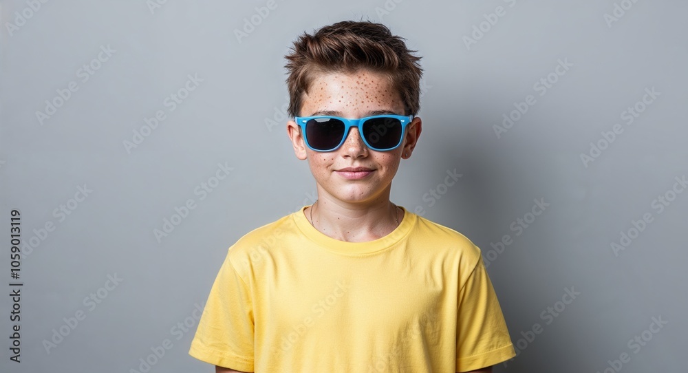 Freckled Teenage Boy in Yellow tshirt and Sunglasses on Light Gray Background Freckled Teenage Boy in Yellow tshirt and Sunglasses on Light Gray Background