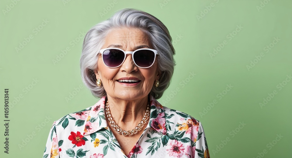 Gray Haired Elderly Woman in Floral Blouse and Sunglasses on Light Green Background Gray Haired Elderly Woman in Floral Blouse and Sunglasses on Light Green Background