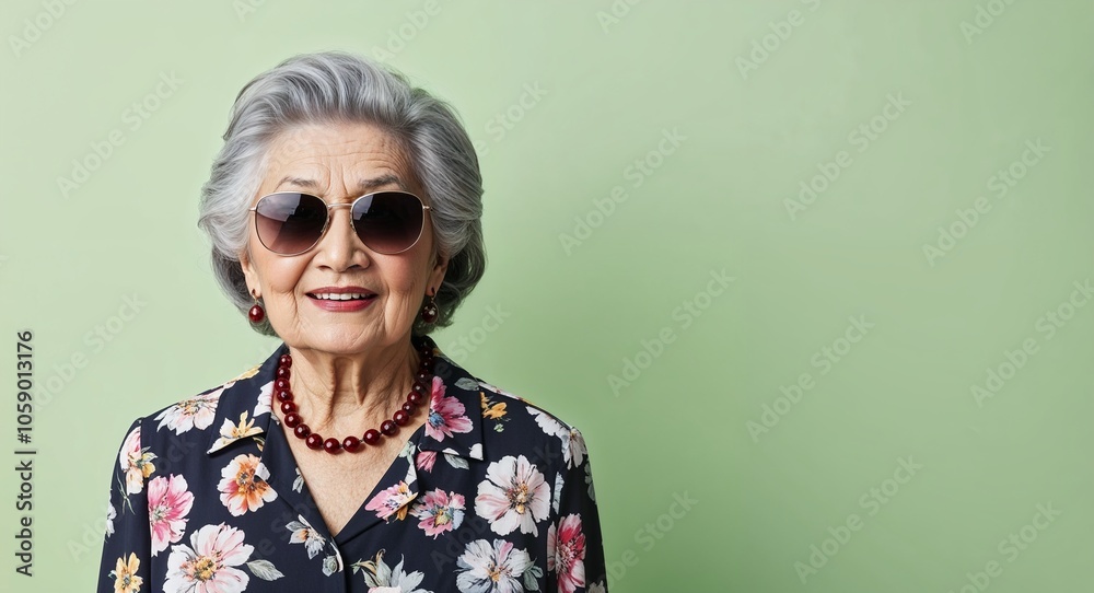 Gray Haired Elderly Woman in Floral Blouse and Sunglasses on Light Green Background Gray Haired Elderly Woman in Floral Blouse and Sunglasses on Light Green Background