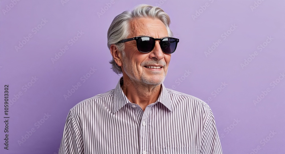 Gray Haired Senior Man in Striped Shirt and Sunglasses on Lavender Background Gray Haired Senior Man in Striped Shirt and Sunglasses on Lavender Background