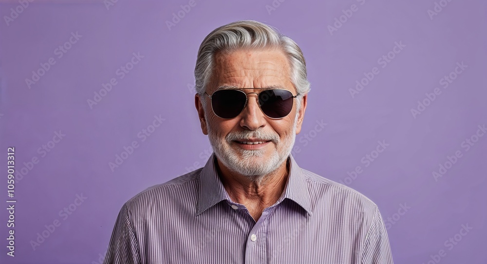 Fototapeta premium Gray Haired Senior Man in Striped Shirt and Sunglasses on Lavender Background