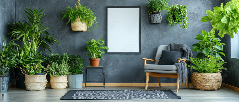 Cozy Living Room Interior With Plants And Armchair. Cozy Living Room Interior With Plants And Armchair.