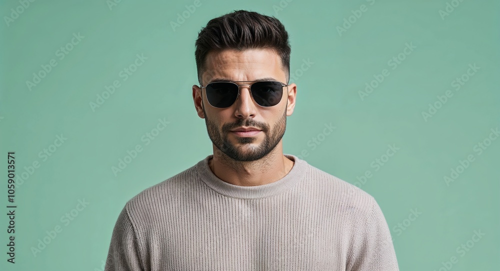 Man with Crew Cut in Casual Sweater and Sunglasses on Mint Green Background Man with Crew Cut in Casual Sweater and Sunglasses on Mint Green Background