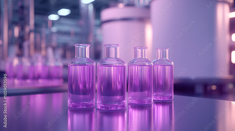 Bottles of pink liquid are lined up on a table, in the laboratory, laboratory ware. Bottles of pink liquid are lined up on a table, in the laboratory, laboratory ware.