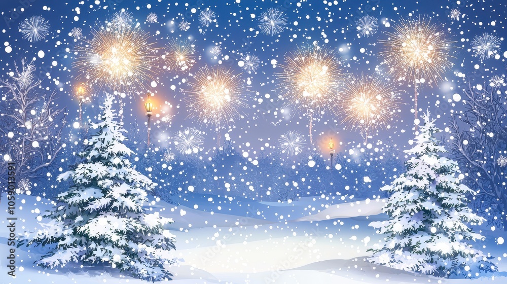 Sparkling Winter Scene with Snow and Fireworks Sparkling Winter Scene with Snow and Fireworks