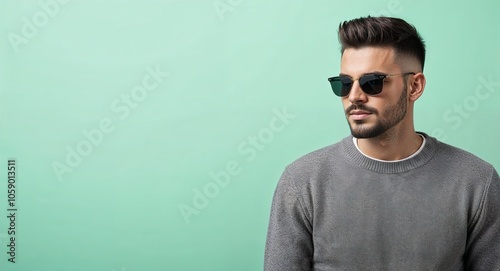 Man with Crew Cut in Casual Sweater and Sunglasses on Mint Green Background