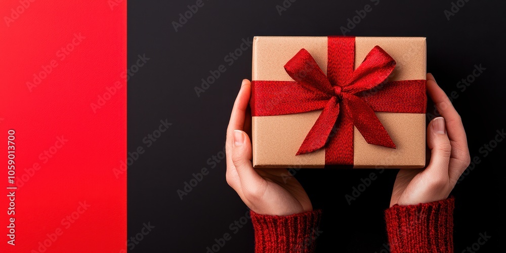 Person holding a beautifully wrapped gift box with a red ribbon, set against a contrasting black and red background. Person holding a beautifully wrapped gift box with a red ribbon, set against a contrasting black and red background.