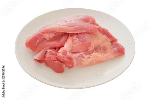 Turkey fillet in plate isolated in white background. Raw meat for cooking. Cooking food at home.