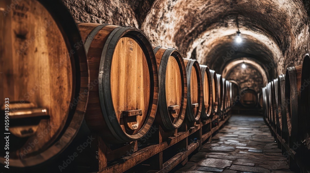 rows of oak wine barrels nestled in rustic vaults, capturing the essence of traditional winemaking with rich textures and the ambiance of aging wine rows of oak wine barrels nestled in rustic vaults, capturing the essence of traditional winemaking with rich textures and the ambiance of aging wine