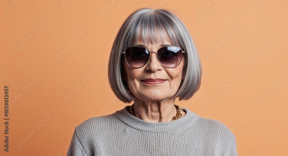 Older Woman with Gray Bob Cut in Sweater and Sunglasses on Light Orange Background Older Woman with Gray Bob Cut in Sweater and Sunglasses on Light Orange Background