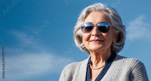 Older Woman with Silver Hair in Cardigan and Sunglasses on Sky Blue Background