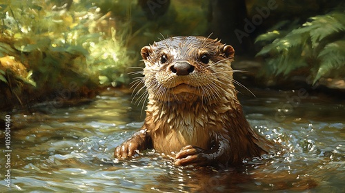 A curious otter with wet fur and a playful expression, emerging from a stream.