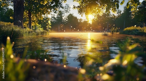 A tranquil lake with a soft mist over the water at golden hour, with warm, glowing sunlight.