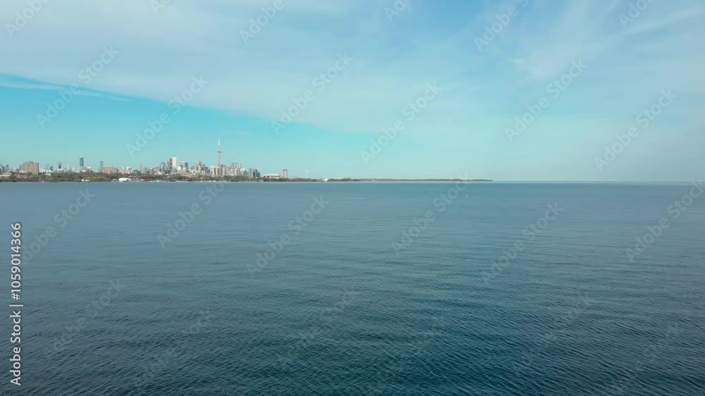 Toronto skyline rises peacefully over calm waters of Lake Ontario, blending modern architecture with serene natural beauty. Expansive lake and blue sky, harmony between city and nature in Canada Toronto skyline rises peacefully over calm waters of Lake Ontario, blending modern architecture with serene natural beauty. Expansive lake and blue sky, harmony between city and nature in Canada