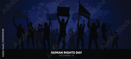 human rights day December 10 people standing with board on glowing dotted world map vector poster