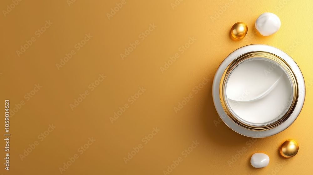 A top-view image of a luxurious cream jar on a golden background, surrounded by decorative elements, highlighting beauty and skincare aesthetics. A top-view image of a luxurious cream jar on a golden background, surrounded by decorative elements, highlighting beauty and skincare aesthetics.