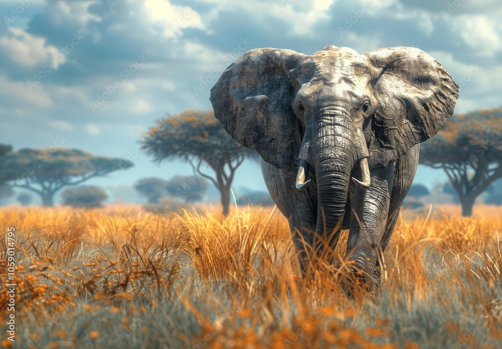 Fototapeta premium African Elephant Walking Through Tall Grass at Sunset
