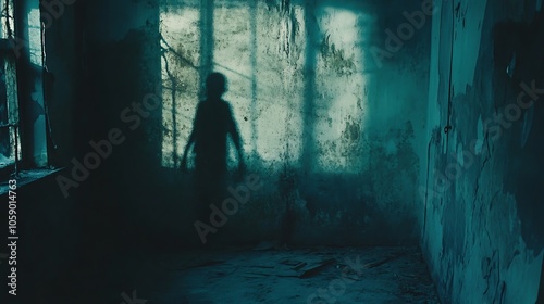 Shadowy Figure in a Dark, Rundown Room with a Cracked Window