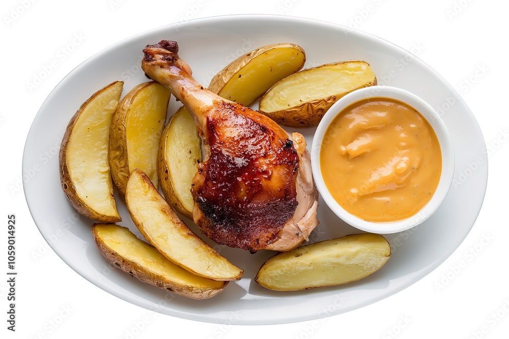 a dish of barbecued chicken leg drumstick, roasted potato wedges, and cheese sauce a dish of barbecued chicken leg drumstick, roasted potato wedges, and cheese sauce