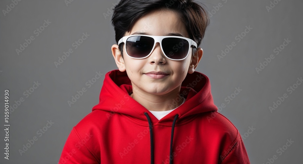 Young Boy with Dark Hair in Red Hoodie and Sunglasses on Gray Background Young Boy with Dark Hair in Red Hoodie and Sunglasses on Gray Background