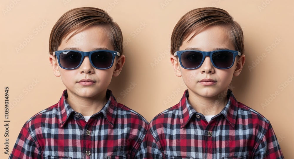 Young Boy with Straight Side Swept Hair in Plaid Shirt and Sunglasses on Beige Background Young Boy with Straight Side Swept Hair in Plaid Shirt and Sunglasses on Beige Background