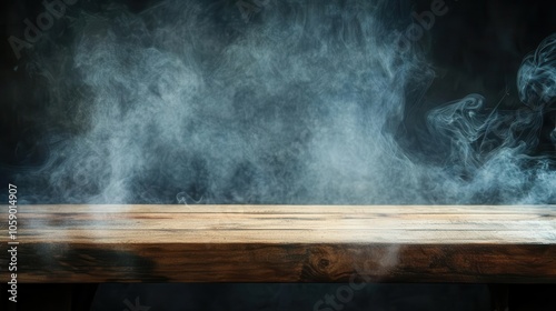 rustic wooden table with swirling smoke rising against a dark background, creating a mysterious ambiance, offering an empty space ideal for product display or artistic expressions