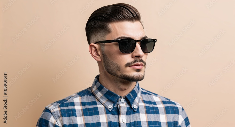 Young Man with Neat Side Part in Checkered Shirt and Sunglasses on Beige Background Young Man with Neat Side Part in Checkered Shirt and Sunglasses on Beige Background