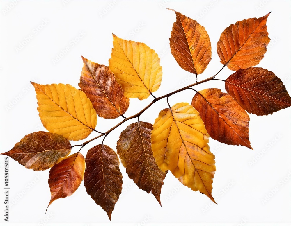 Fototapeta premium Autumn fall leaves on a branch isolated on transparent or white background