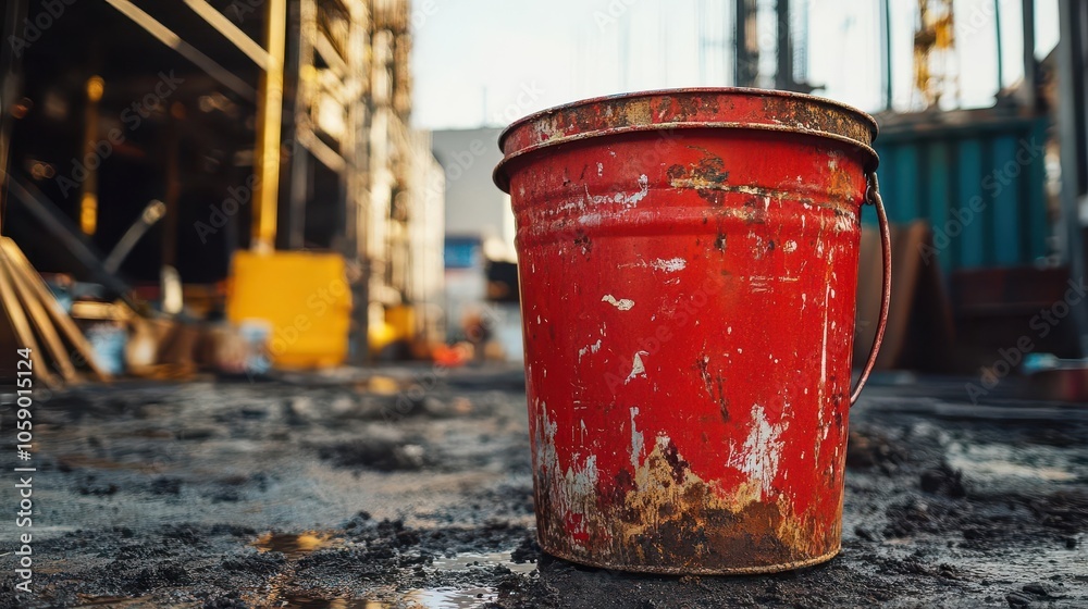 rusty red paint bucket positioned in a lively construction zone, reflecting the energy of creative projects and the beauty of industrial artistry rusty red paint bucket positioned in a lively construction zone, reflecting the energy of creative projects and the beauty of industrial artistry