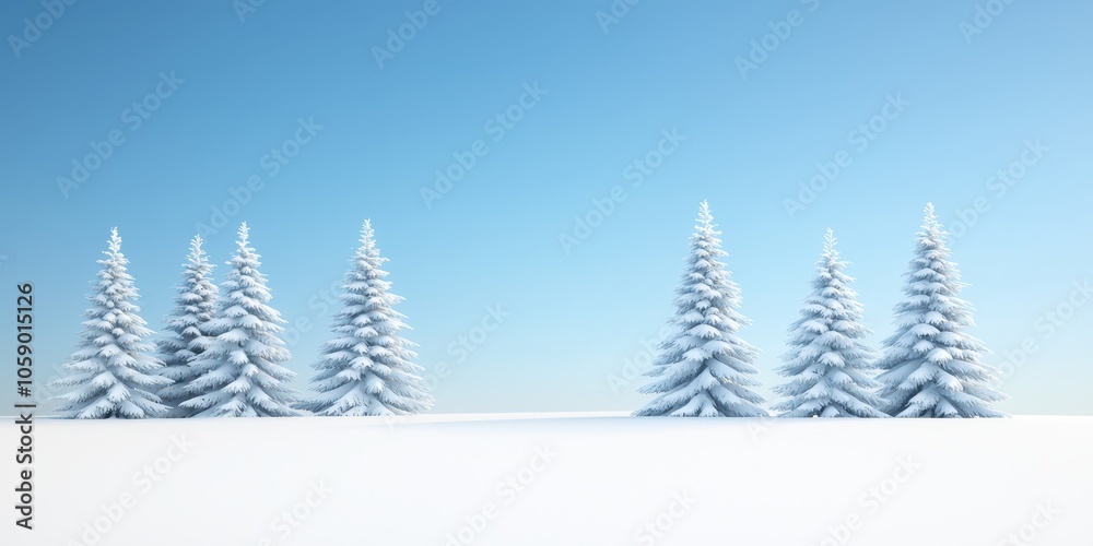 Obraz premium Snowy landscape with evergreen trees against a clear blue sky, creating a serene winter atmosphere.