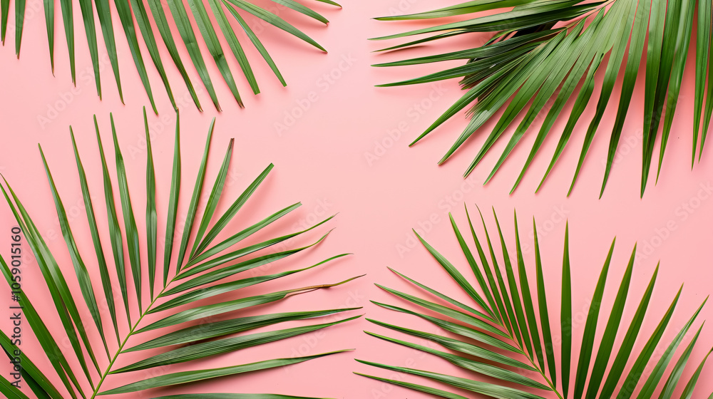 Tropical Palm Leaf on a Pink Background: Flat Lay, Top View Tropical Palm Leaf on a Pink Background: Flat Lay, Top View