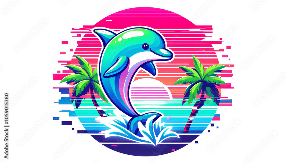 Naklejka premium Retro Neon Dolphin with Palm Tree Background