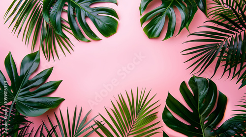 Tropical Palm Leaf on a Pink Background: Flat Lay, Top View