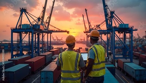 Workers overseeing shipping port operations at sunset