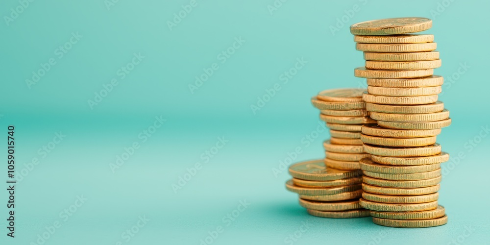 Stacks of gold coins on a blue background, symbolizing wealth and investment. Stacks of gold coins on a blue background, symbolizing wealth and investment.