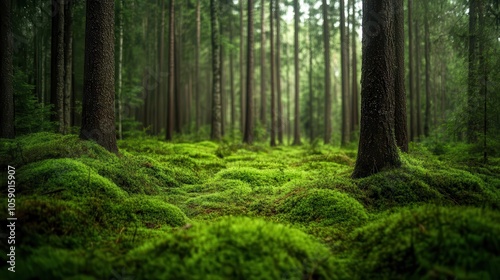 scandinavian forest characterized by towering trees and a lush carpet of green moss, evoking a sense of serenity and connection to nature in a tranquil setting