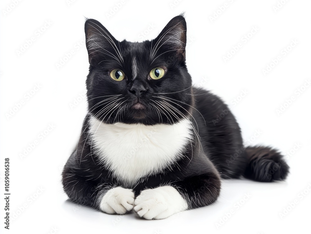 Tuxedo cat in a playful stance on white background, isolate, Tuxedo cat in a playful stance on white background, isolate,