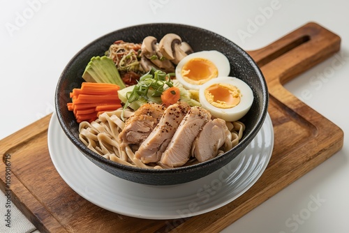 noodles bowl with chicken, carrots, avocado, mushrooms, eggs, and vegetables photo